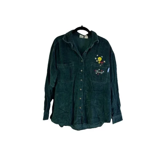 VTG 90s Looney Tunes Tweety Bird Wide Whale Corduroy Button Shirt - Picture 1 of 5